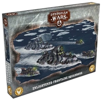 a Dystopian Wars Enlightened Frontline Squadrons társasjáték doboza látható, amelyen futurisztikus hadihajók és jeges tengeri csatajelenet szerepel, a játék csomagolása színes háttér előtt van lefotózva
